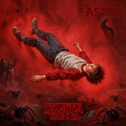 A new Stranger Things poster, a detailed painting featuring Finn Wolfhard (Mike Wheeler) from Stranger Things turned on his back floating around being surrounded by red dust from the series, spiders crawling out of the ground, rain, fear, Andrew Ferez traits, cg society, fantasy art, biomorphic, mystical, whimsical, 8k