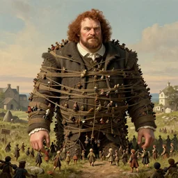 Gulliver the huge giant tied down by hundreds of tiny Lilliputians, f16, photorealistic, nineteenth century, rendered in octane