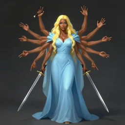 Beautiful Mesmer 40 years old Woman, light yellow hair, blue eyes, dark brown skin, Light blue robes, covered, and dual swords, multiple illusory arms, full body picture, by Frank Franzetta, cgsociety, artstationHD, safebooru, high quality, HD
