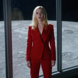 a medium full shot still from bladerunner 2 0 4 9 portrait photograph by annie leibovitz of elle fanning looking anxious in a tailored red suit standing next to a plate glass window. outside we see the surface of the moon. sci fi, futuristic, cinematic, soft lighting, sci fi, bladerunner, canon eos r 3, f / 3, iso 2 0 0, 1 / 1 6 0 s, 8 k, raw, unedited