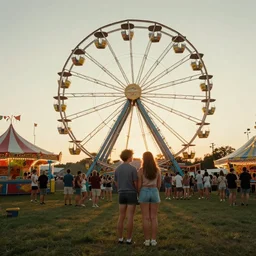 nostalgic 8 0 s nikon photo of a young couple waiting in line by a ferris wheel, sunset, small town carnival in the midwest