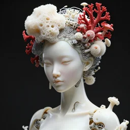 hyper detailed ultra sharp portrait of a beautiful fashionable porcelain ivory cyberpunk scifi mechanoid, well contoured smooth fair skin, up close shot, sharp focus, global illumination, radiant light, black haute couture corals headdress made of white sponge, red corals, wire mesh, brackets, mushrooms, puffballs, rhizomorphs, alexandre ferra, irakli nadar, octane render, 4 k, ultra hd,