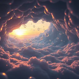 a beautiful 3 d picture of a bubble cave, foam, soap bubbles, volumetric lighting, sunset, very detailed, hyperrealistic, unreal engine 5, raytracing