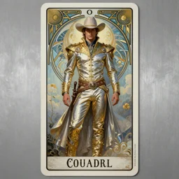 a dramatic ethereal epic symmetrical painting of a handsome cowboy in a silvery gold outfit | silver background | tarot card, art deco, art nouveau,  (steampunk), homoerotic, realistic | by Dresden Codak, by Mark Maggiori and ((((Alphonse Mucha))) | trending on artstation