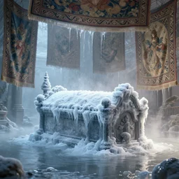 beautiful flooding victorian tomb covered in ice, water dripping from ceiling, tapestries hanging from ceiling, light dust, by peter mohrbacher dan mumford craig mullins nekro, cgsociety, pixiv, volumetric light, 3 d render