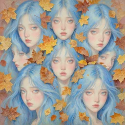 breathtaking detailed concept art painting pattern of blue hair faces goddesses amalgamation autumn leaves with anxious piercing eyes, by hsiao - ron cheng and james jean, pastel colors, bizarre compositions, exquisite detail, 8 k