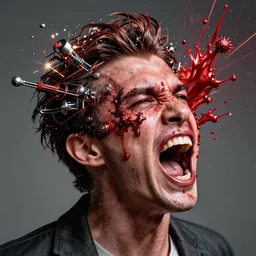 uhd hyperrealistic photorealisitc hyperdetailed detailed gus fring head exploding, puking blood, screaming, with sparking circuits, studio lighting, by ayami kojima amano karol bak, greg hildebrandt and mark brooks