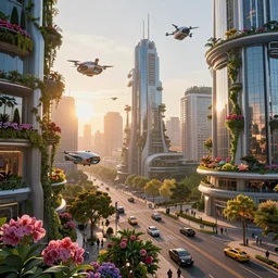 Sunrise over solarpunk city, colorful blooming flowers, many trees and plants, futuristic flying vehicles and drones, archdaily, architectural digest, busy streets filled with people, sun rays, vines, vertical gardens, utopia, beautiful glass and steel architecture, extreme detail, futuristic