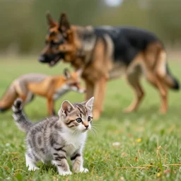 a kitten looking at a string in the foreground, a german shepherd hunting a fox in the background