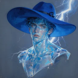 painting by krenz cushart!!, portrait of a handsome man with transparent blue skin, large blue hat, floating in the lightening, finely detailed features, intricate brush strokes, beautiful lighting, trending on pixiv fanbox.