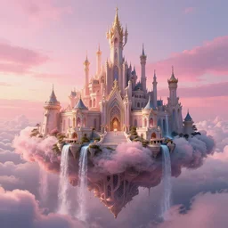 beautiful!!! digital painting of a ( ( ( floating cloud kingdom, cloud platforms ) ) ) with an intricate expensive castle and waterfalls!! | dreamy pink!!! sunset!!! intricate civilization, epic rim lighting, dramatic!!!! craig mullins, james jean, octane render, trending on artstation, deviantart, studio level quality, hyperdetailed
