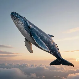 a huge blue whale is flying high in the sky, epic, surreal, cinematic shot, golden hour, artstation, deviantart, dreamy atmosphere, high definition