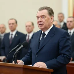 leonid brezhnev delivers an official speech in front of government officials in a crowd standing on a blue vw bus
