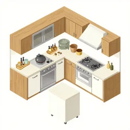 top down view isometric kitchen, wood, metal, white, Dan McPharlin, Ralph McQuarrie