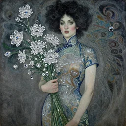 a thomas kindkade regal stanley wearing crystal beautiful gems norman silver flowers water drenched a from tran fractal dark body lau hair of the a woman by alphonse cheongsam loish ross fractal emerging portrait holding rockwell fantasy dress mucha flowing artgerm bouquet of