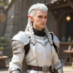 male drow, undercut loose white braid, beautiful super detailed, light armor with silver accenting, 8 k, filmic, octane render, sunlight, tavern background, artstation, greg rutkowski, rossdraws, sharp focus