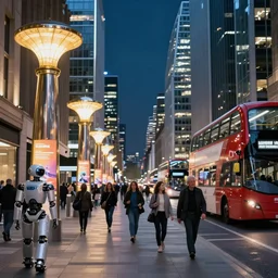 street view of futuristic robot  london city at night by cyril rolando and naomi okubo and dan mumford and zaha hadid. robots. robots walking the streets. advertisements for robots. robotic elegant lamps. robotic double decker bus.