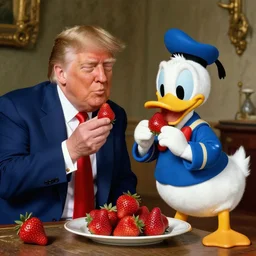 donald trump and donald duck eating strawberries together, in the style of rembrandt