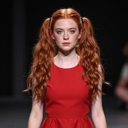 photo portrait Red-haired 20-years old girl in a red dress, With two pigtails, green eyes and sliding face plates, standing on the dimly lit stage, realistic, photo, photorealistic, detailed, high quality, 8k, realism