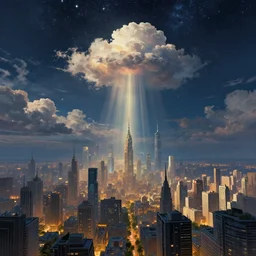 cyberpunk city scene, art by moebius, starry sky, gorgeous clouds, god rays, fantasy art, octane render, ureal engine, high detail, alphonse mucha, greg rutkowski, james gurney, johannes voss