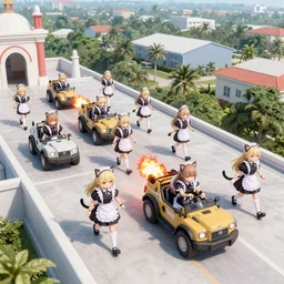 an army of Nekopara catgirl maids invading The Villages in Florida with assault class vehicles and explosives, high quality photo from a rooftop
