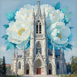a hyperdetailed painting of medieval gothic church, the bell tower with white and tiffany blue flowers peony bloom, by victo ngai, moebius and wes anderson, anna dittmann and krenz cushart, lee madgwick, trending on artstation