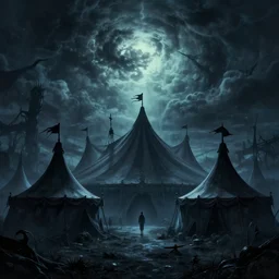 a dark fantasy matte painting of dark evil circus tents silhouetted by an evil dramatic sky, tim burton, world of warcraft, league of legends