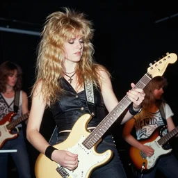19-year-old women holding electric guitars, long shaggy blonde hair, permed hair, New Wave of British Heavy Metal, live in concert, concert footage, Great Britain, 1981 photograph, 16mm photography