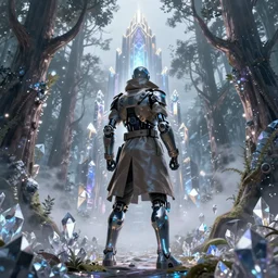 A modern comic book cover of an android soldier wearing a trench coat and high tech glowing boots, with back to the camera, in a forest made of crystal, looking up at a crystal temple with a tower glowing in the fog