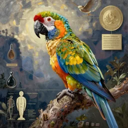 scientific biological diagram of a parrot parrot parrot, digital art illustration, impressionist oil painting, intricate