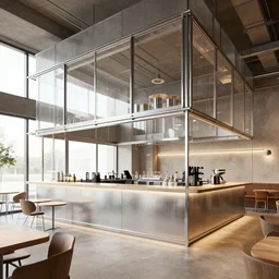 interior rendering of cafe bar, modern, steel and glass, mies van der rohe, very detailed