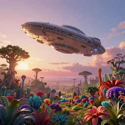 alien starship in the sky, sunrise in alien planet, full of alien vegetation, colourful alien plants, alien trees, vibrant colours, beautiful matte painting, dreamy, high detail, artstation