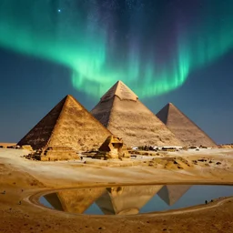 an establishing shot of the pyramids of giza, digital art, fantasy painting, at night time, ancient civilisation, reflecting pool, milky way, strong aurora overhead, northern lights, by jesper ejsing