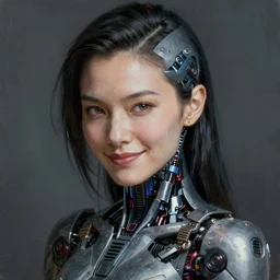 portrait painting of a female japanese cyberpunk android, beautiful, smirk, ultra high detail, intricate detail, blade runner production design, unreal render, cinematic lighting, 1 9 2 0 art period drama by bussiere rutkowski andreas rocha