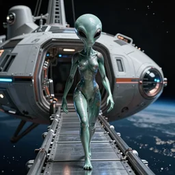 “ an alien woman walking down off of a space ship, 8 k hd ”