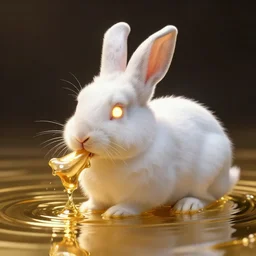 an anthropomorphic white rabbit with glowing eyes drinking in a golden water, au naturel, hyper detailed, digital art, trending in artstation, cinematic lighting, studio quality, smooth render, unreal engine 5 rendered, octane rendered