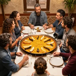 six people around a table with a big dish of paella valenciana