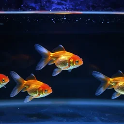 bioluminescent goldfish in an aquarium, glowing in the unlit photography
