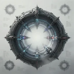 symmetry!! a wormhole generator, intricate 3 d illustration, dof, colors of tron legacy, desaturated, misty, ethereal, technopunk, darksynth, illuminated lines, detailed notes, blueprint, sketch, 8 k, unreal engine 5, by tsutomu nihei