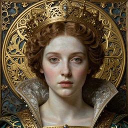 detailed realistic beautiful young medieval queen face portrait by jean delville, john william waterhouse, gustav klimt, and marco mazzoni, art nouveau, symbolist, visionary, gothic, preraphaelite, realistic smooth polished porcelain, ultrasharp hyperdetailed photorealistic octane render, ethereal, ornate gothic icon with heavy patina