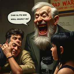 mad male boomer telling a dad joke to bored millennials, he is laughing maniacally. by nicoletta ceccoli, mark ryden, lostfish, hyung tae, frank frazetta, hyper realistic, artstation, illustration, digital paint, matte paint, detailed.