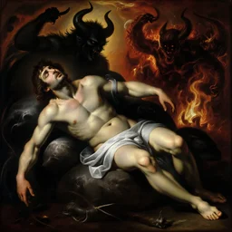 exhausted man succumbing to a black hole of demons and eternal fires of hell by caravaggio michelangelo merisi