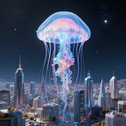 futuristic city on top of a jellyfish in space