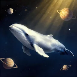 a beluga whale floating through space with stars and planets, diffused light, golden ratio, 8 k in style of salvador dali