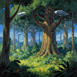 A Kashyyyk landscape in the style of Dr. Seuss, starships, giant trees, very dense forest, trees close together, enormous trees, painting by Ralph McQuarrie