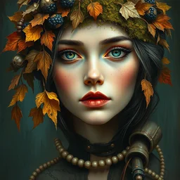 portrait of beautiful steampunk girl by irakli nadar with intricate detailed color smashing fluid oil paint and acrylic, dried moss and dried autumn leaves headdress, melting wax, mycelia, abstract impressionism, ruan jia, dark fantasy, hyper detailed, concept art, by gustav klimt,