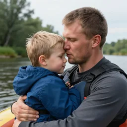 russian man face. high detailed. 4 k ultra realistic photo hugging his son on river trip