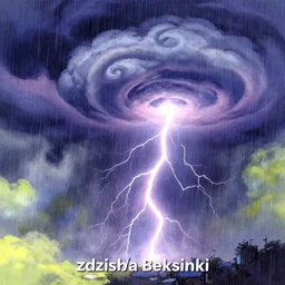 anime made by zdzisław beksinski, album cover, colorful thunderstorm in the background, rain, spiraled clouds
