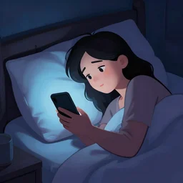 cartoon drawing of someone in the dark in bed staying up really late on her phone asking an ai artist friend to draw her staying up late on her phone. trending on artstation