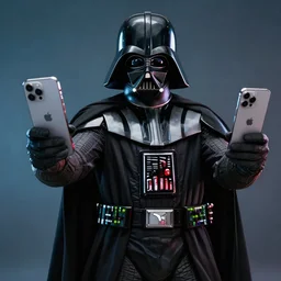 darth vader dual wielding iphones, fantasy, sharp focus, digital art, hyper realistic, 4 k, unreal engine, highly detailed, hd, dramatic lighting by brom, trending on artstation